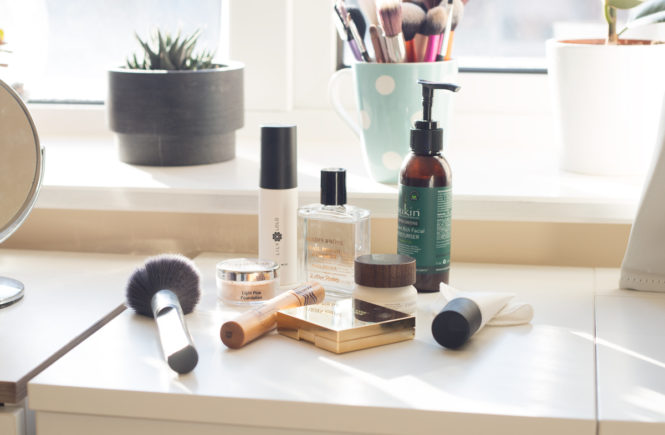 Natural beauty products on a windowsill