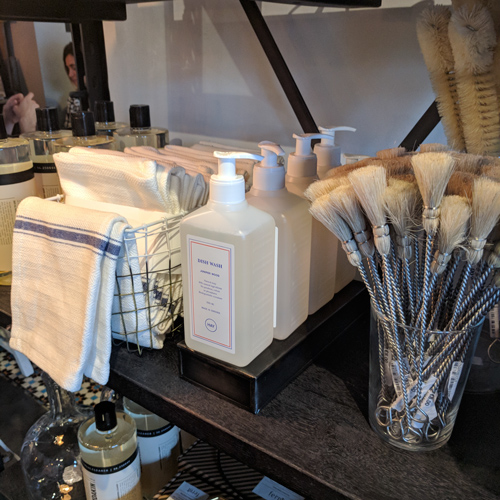 Eco friendly dishwashing supplies, towels soap and brushes