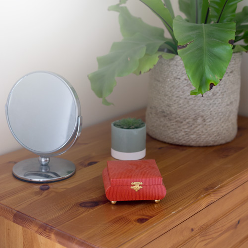 Jewelry box, plant mirror on dresser - Sustainable & Conscious Bedroom Makeover on a budget